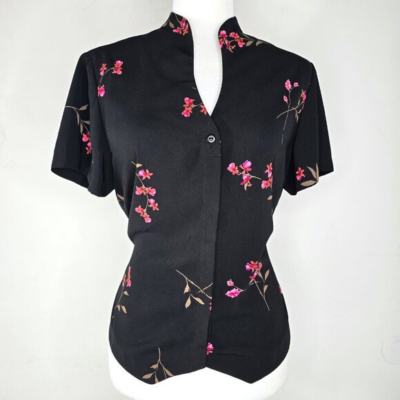 Vintage 80s Norton Petite Red Black Japanese Cherry Blossom High Neck Blouse - Picture 1 of 7